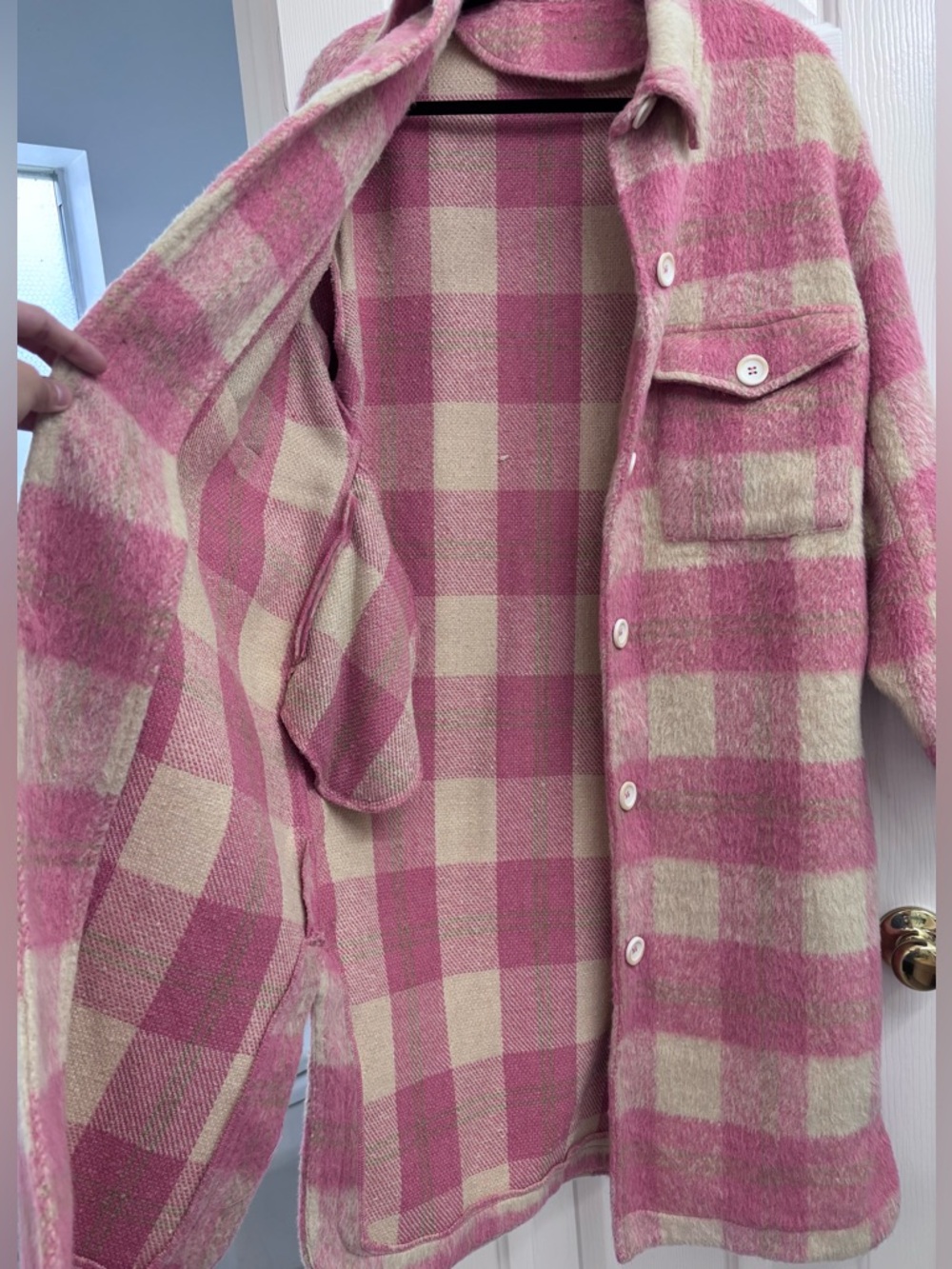 billitodu Pink Plaid Fuzzy Longline Shacket Coatigan - SIZE S (OVERSIZED) - Picture 5 of 16